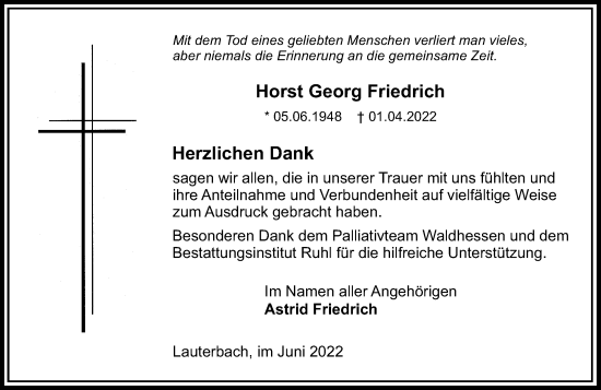 Traueranzeige von Horst Georg Friedrich von OK Oberhessen Kurier