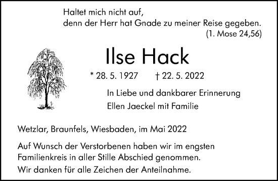 Traueranzeige von Ilse Hack von Wetzlarer Neue Zeitung