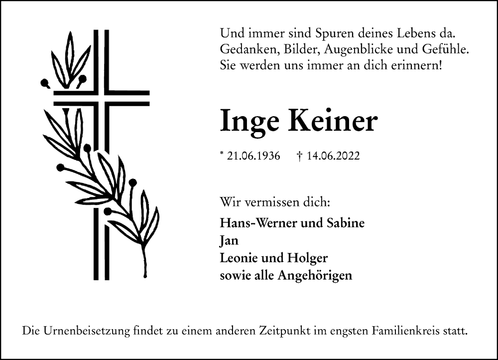  Traueranzeige für Inge Keiner vom 18.06.2022 aus Wetzlarer Neue Zeitung