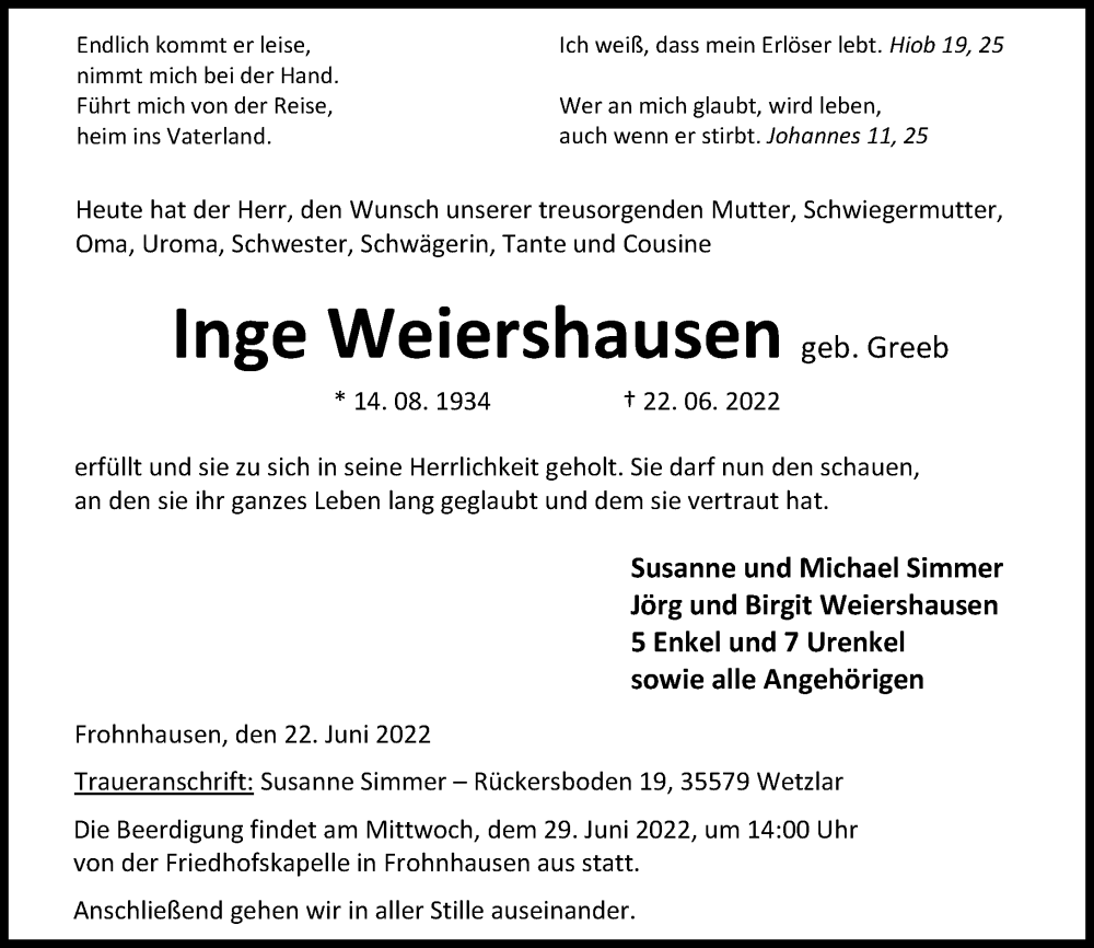  Traueranzeige für Inge Weiershausen geb Greeb vom 25.06.2022 aus Dill Block