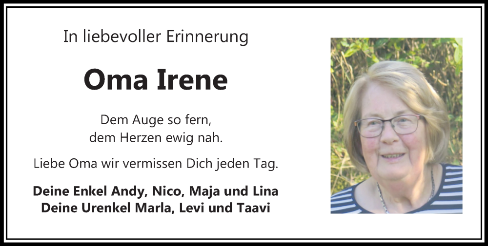  Traueranzeige für Irene  vom 20.06.2022 aus Lauterbacher Anzeiger