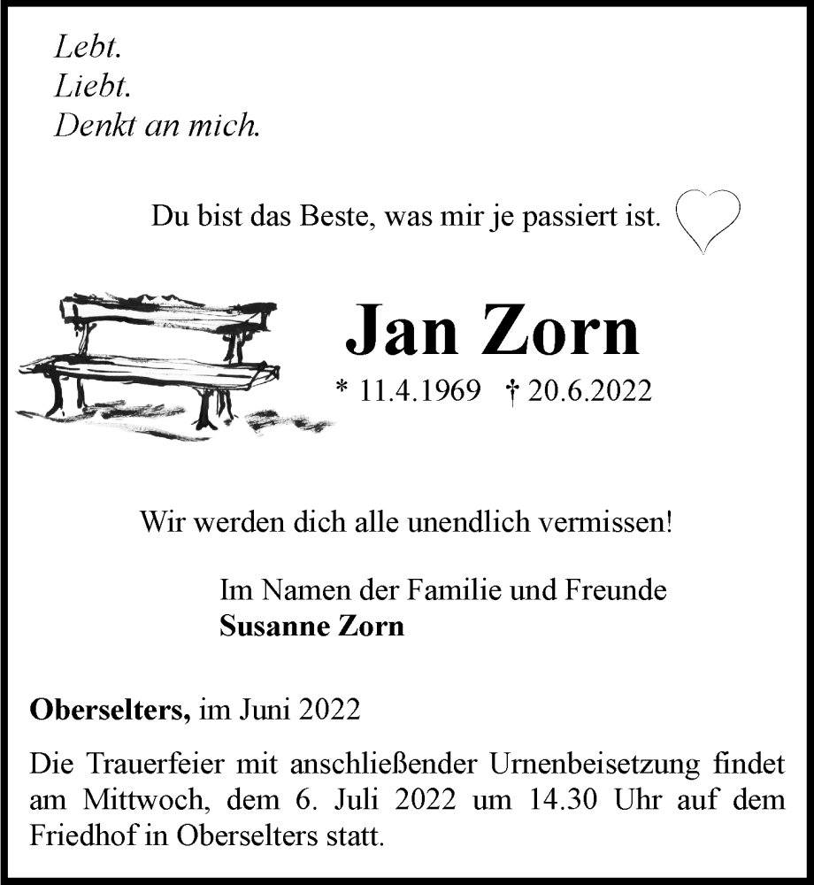  Traueranzeige für Jan Zorn vom 30.06.2022 aus Camberger Anzeiger