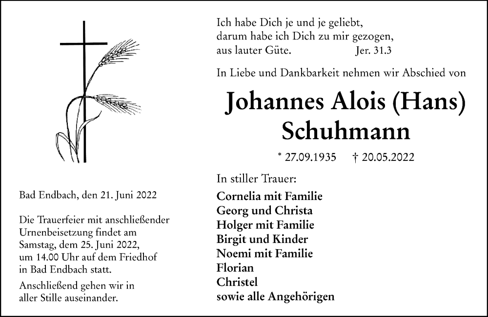  Traueranzeige für Johannes Alois Schuhmann vom 21.06.2022 aus Hinterländer Anzeiger