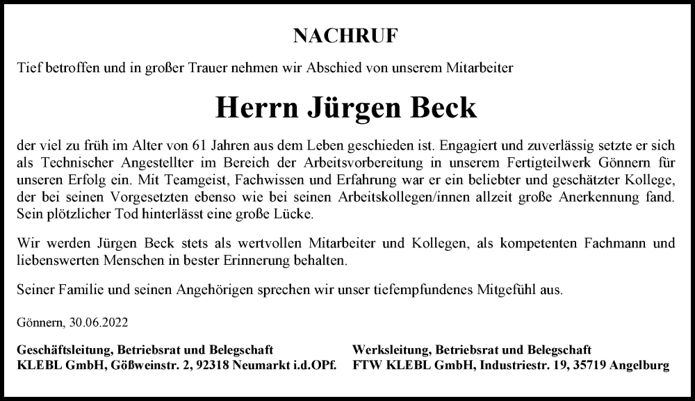  Traueranzeige für Jürgen Beck vom 30.06.2022 aus Hinterländer Anzeiger