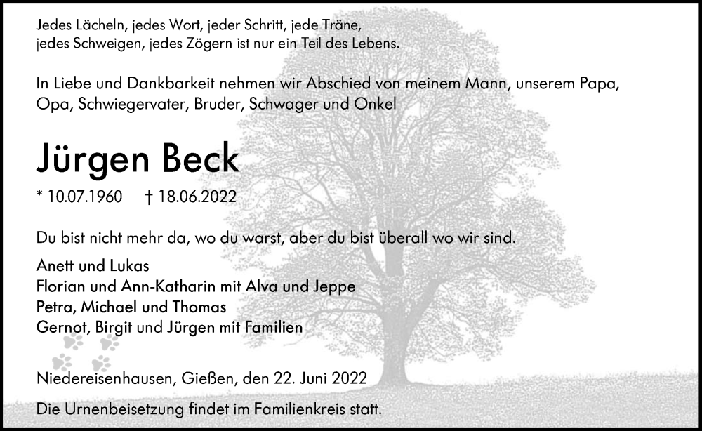  Traueranzeige für Jürgen Beck vom 22.06.2022 aus Hinterländer Anzeiger