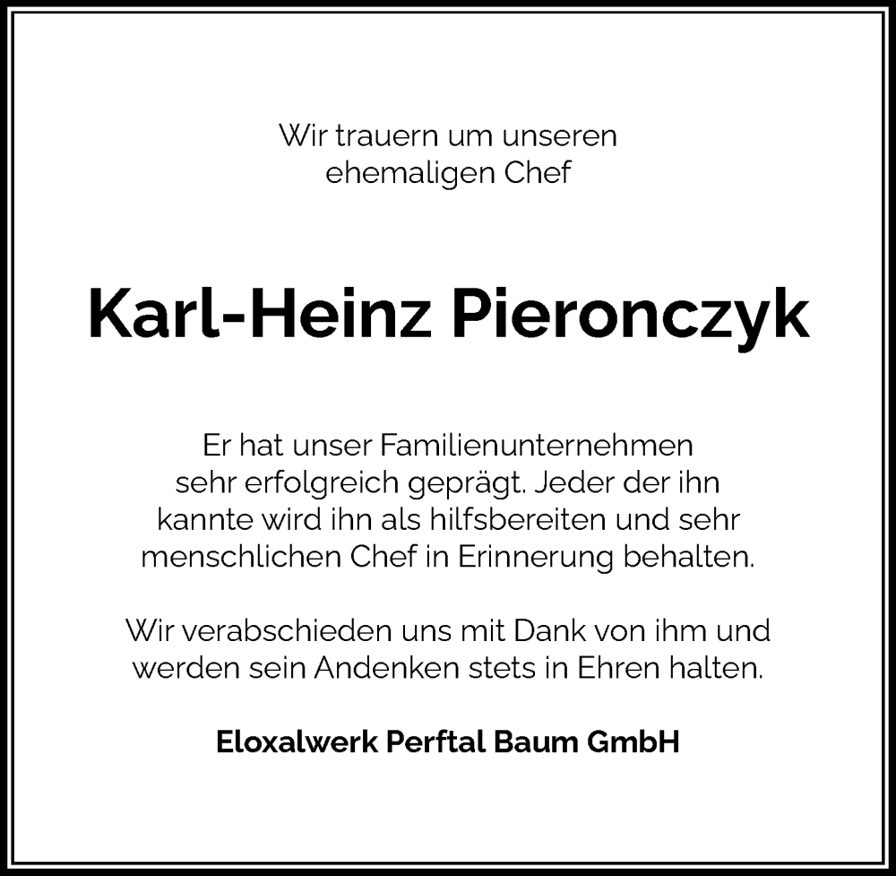  Traueranzeige für Karl-Heinz Pieronczyk vom 17.06.2022 aus Dill Block