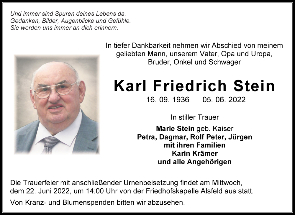  Traueranzeige für Karl Friedrich Stein vom 18.06.2022 aus Lauterbacher Anzeiger