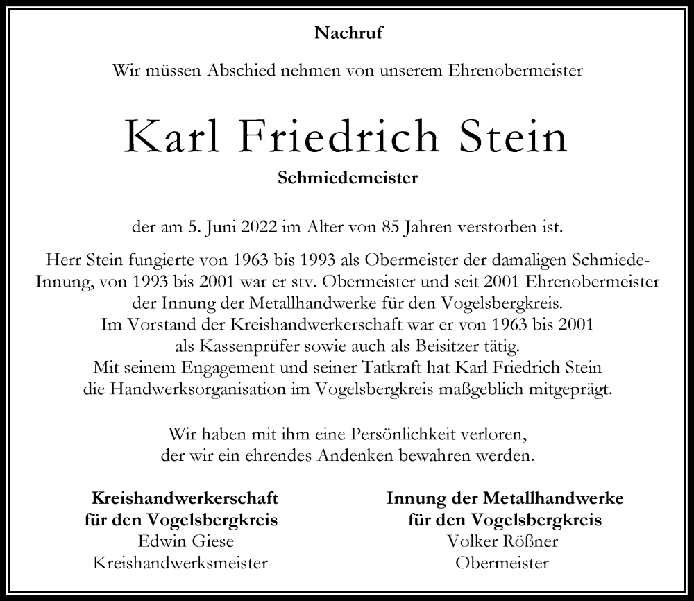  Traueranzeige für Karl Friedrich Stein vom 18.06.2022 aus Lauterbacher Anzeiger