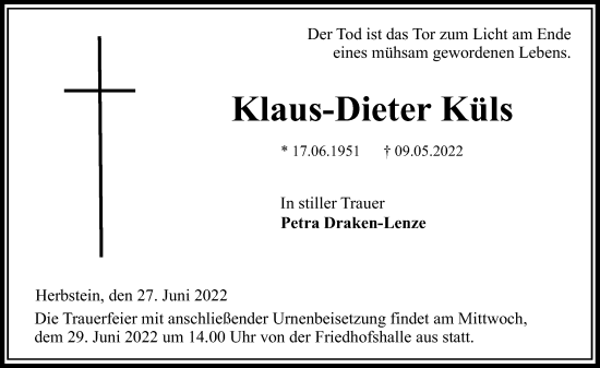 Traueranzeige von Klaus-Dieter Küls von Lauterbacher Anzeiger