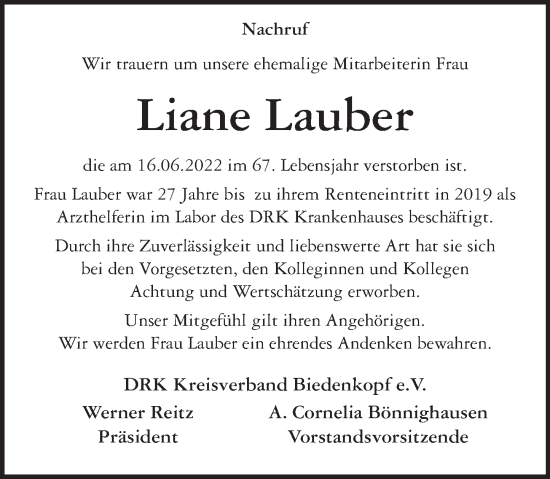Traueranzeige von Liane Lauber von Hinterländer Anzeiger