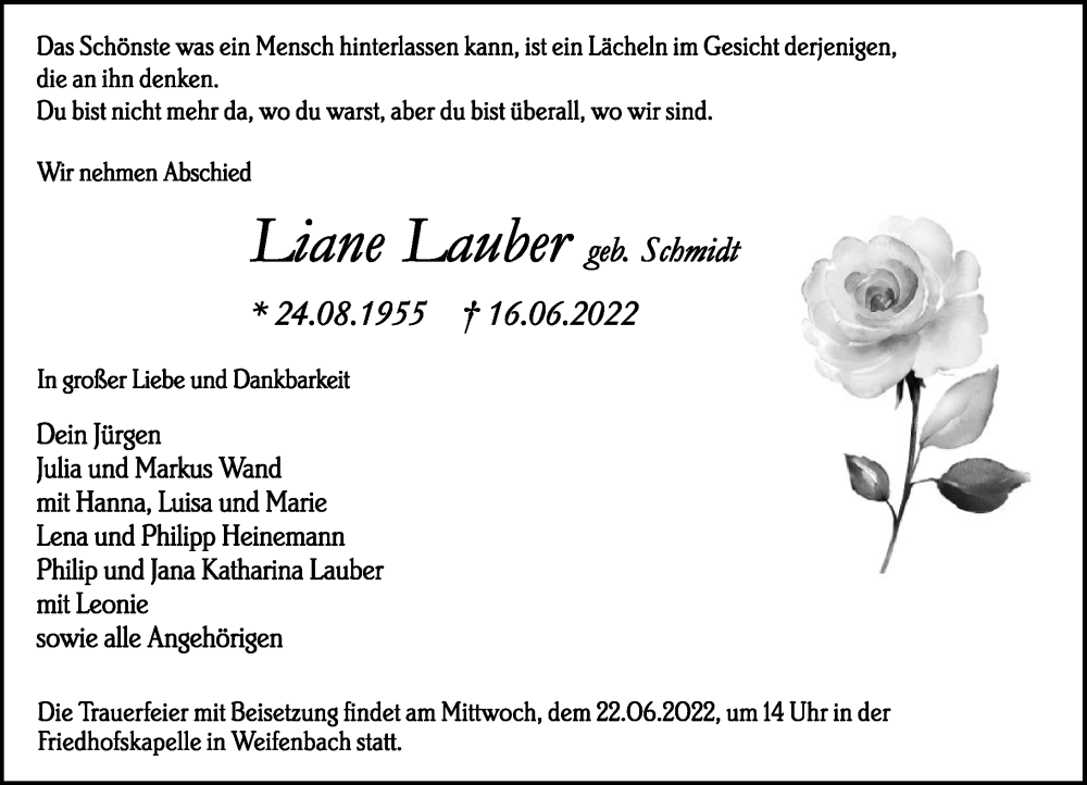  Traueranzeige für Liane Lauber vom 21.06.2022 aus Hinterländer Anzeiger