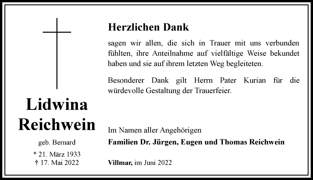  Traueranzeige für Lidwina Reichwein vom 25.06.2022 aus Weilburger Tageblatt