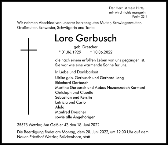 Traueranzeige von Lore Gerbusch von Wetzlarer Neue Zeitung