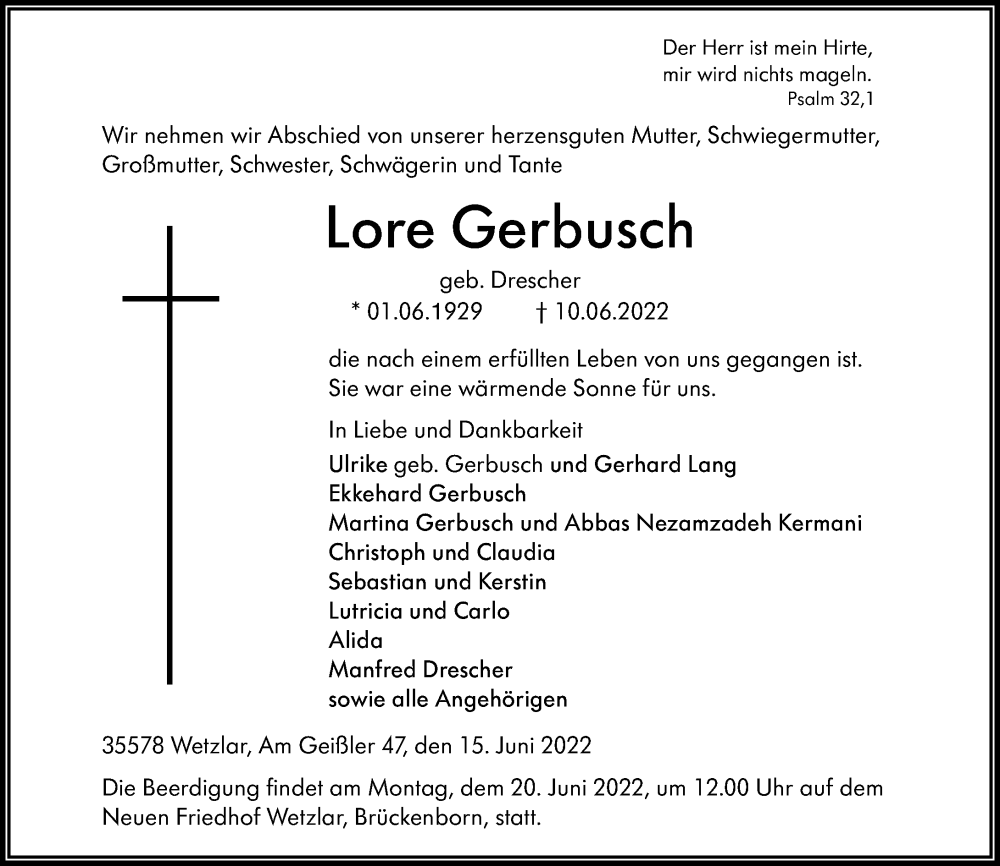  Traueranzeige für Lore Gerbusch vom 15.06.2022 aus Wetzlarer Neue Zeitung