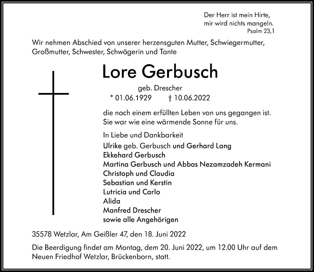  Traueranzeige für Lore Gerbusch vom 18.06.2022 aus Wetzlarer Neue Zeitung