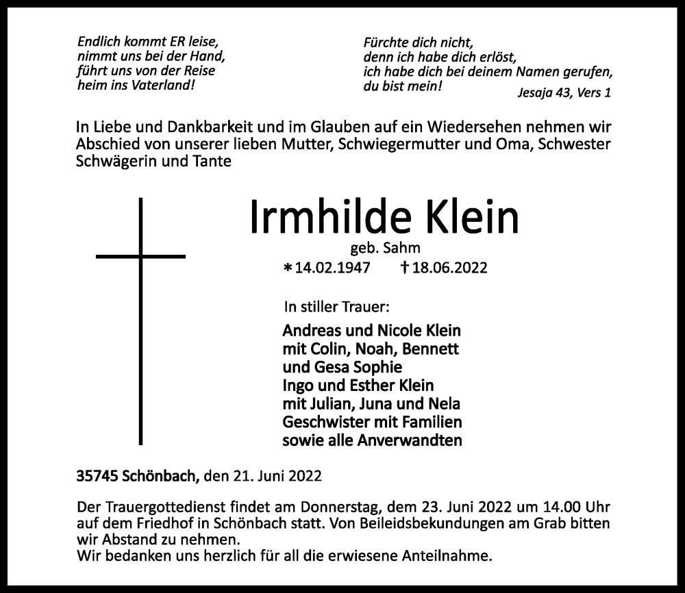  Traueranzeige für Irmhilde Klein vom 21.06.2022 aus Dill Block