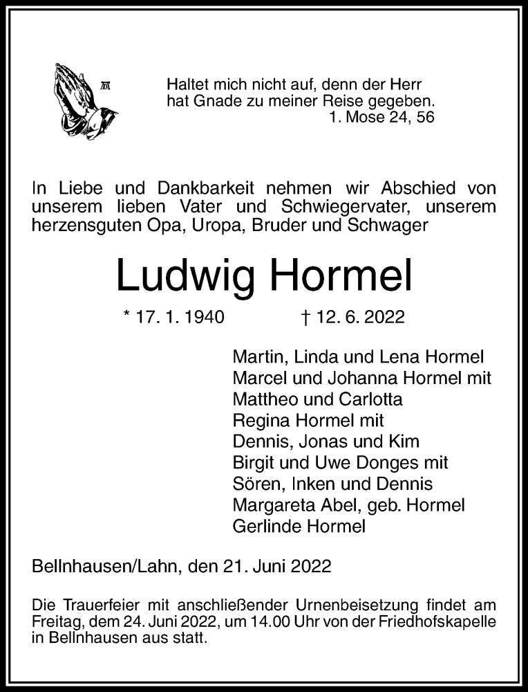  Traueranzeige für Ludwig Hormel vom 21.06.2022 aus Hinterländer Anzeiger