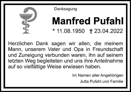Traueranzeige von Manfred Pufahl von Weilburger Tageblatt