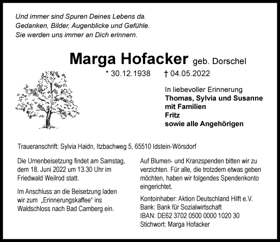 Traueranzeige von Marga Hofacker von Camberger Anzeiger