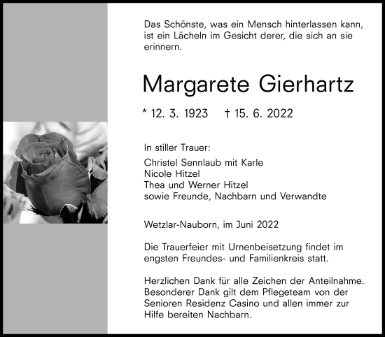Traueranzeige von Margarete Gierhartz von Wetzlarer Neue Zeitung