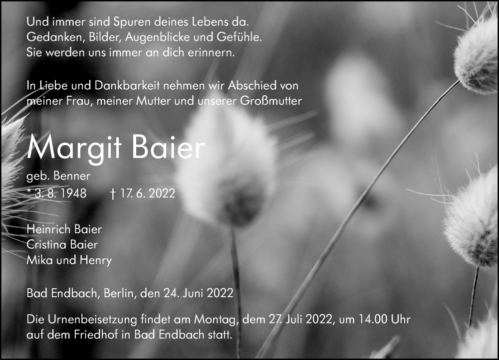  Traueranzeige für Margit Baier vom 24.06.2022 aus Hinterländer Anzeiger