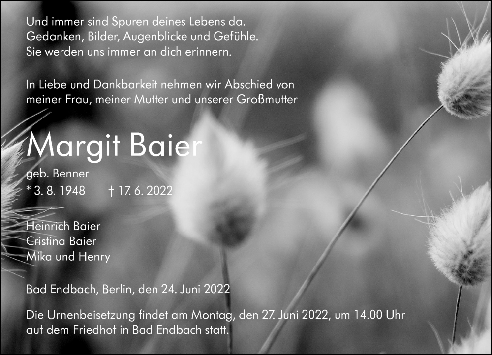  Traueranzeige für Margit Baier vom 25.06.2022 aus Hinterländer Anzeiger