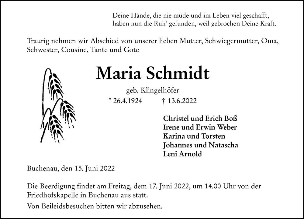  Traueranzeige für Maria Schmidt vom 15.06.2022 aus Hinterländer Anzeiger