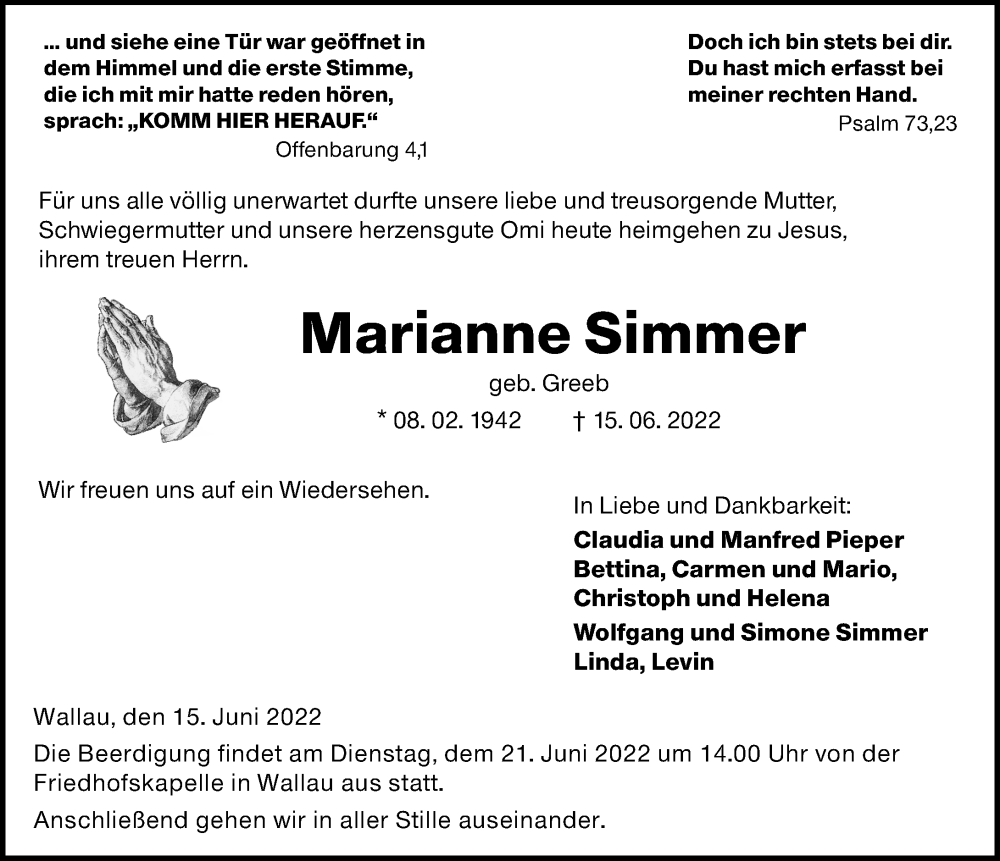  Traueranzeige für Marianne Simmer vom 18.06.2022 aus Hinterländer Anzeiger