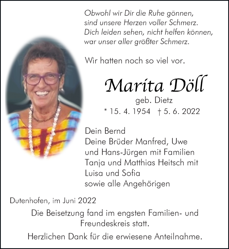  Traueranzeige für Marita Döll vom 18.06.2022 aus Wetzlarer Neue Zeitung