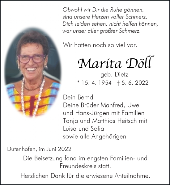 Traueranzeige von Marita Döll von Wetzlarer Neue Zeitung