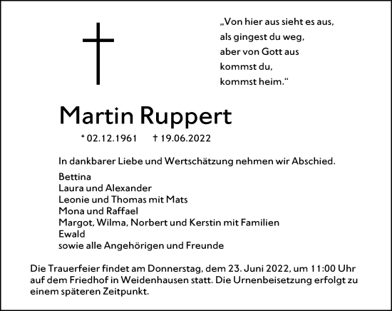Traueranzeige von Martin Ruppert von Hinterländer Anzeiger