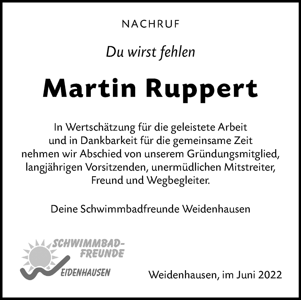  Traueranzeige für Martin Ruppert vom 23.06.2022 aus Hinterländer Anzeiger