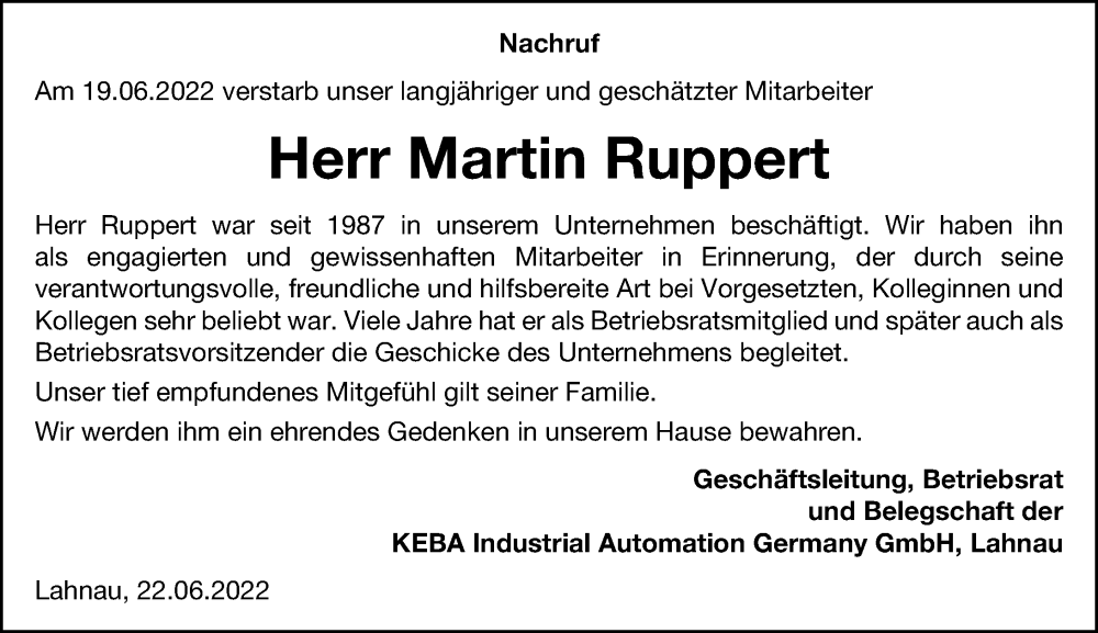  Traueranzeige für Martin Ruppert vom 24.06.2022 aus Wetzlarer Neue Zeitung