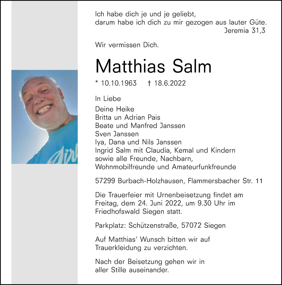  Traueranzeige für Matthias Salm vom 22.06.2022 aus Dill Block