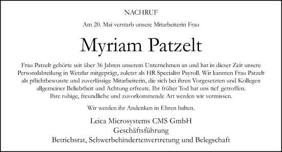 Traueranzeige von Myriam Patzelt von Wetzlarer Neue Zeitung
