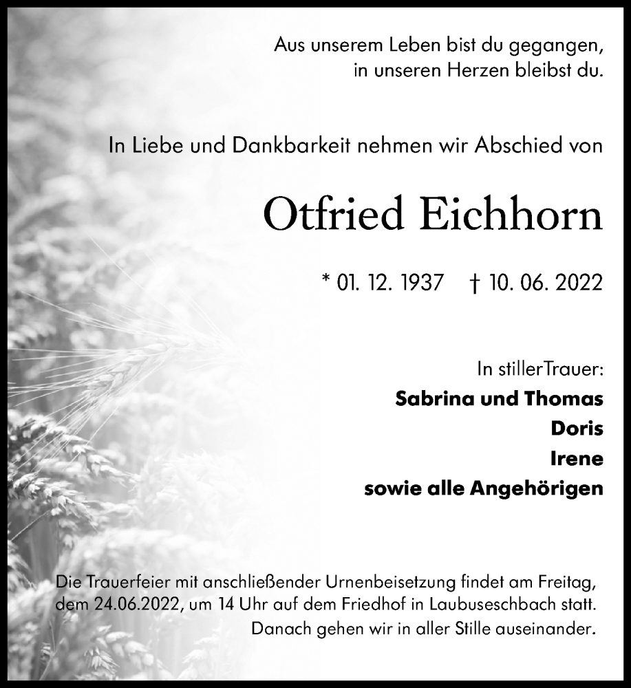  Traueranzeige für Otfried Eichhorn vom 21.06.2022 aus Weilburger Tageblatt