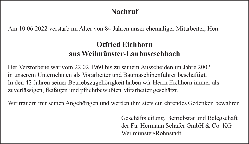 Traueranzeige für Otfried Eichhorn vom 22.06.2022 aus Weilburger Tageblatt