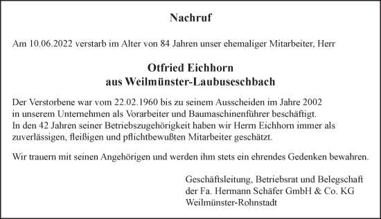Traueranzeige von Otfried Eichhorn von Weilburger Tageblatt