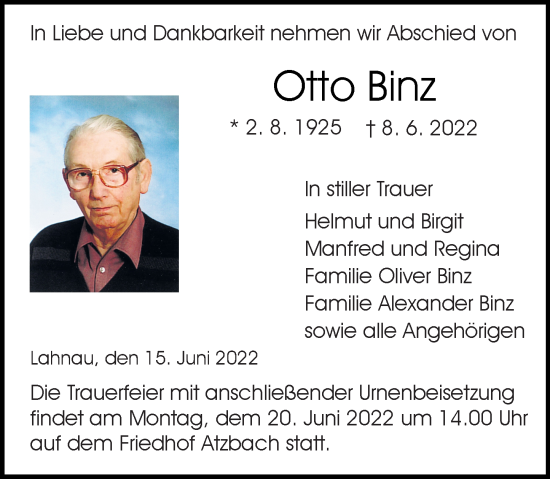 Traueranzeige von Otto Binz von Wetzlarer Neue Zeitung