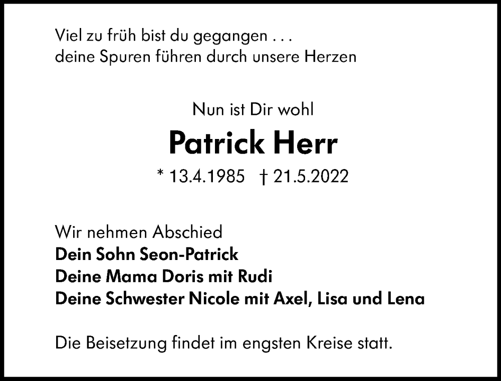  Traueranzeige für Patrick Herr vom 25.06.2022 aus Hinterländer Anzeiger