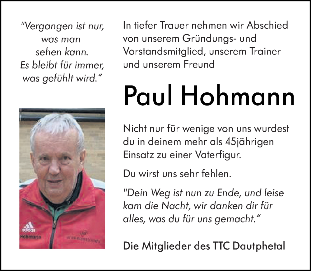  Traueranzeige für Paul Hohmann vom 29.06.2022 aus Hinterländer Anzeiger