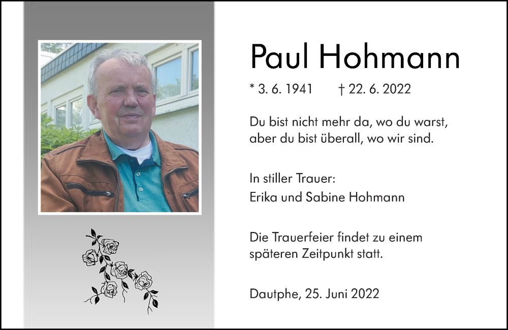  Traueranzeige für Paul Hohmann vom 25.06.2022 aus Hinterländer Anzeiger