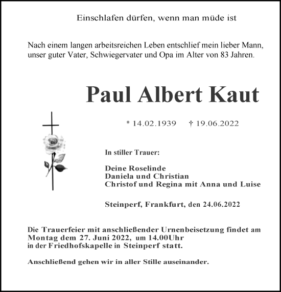 Traueranzeige von Paul Albert Kaut von Hinterländer Anzeiger