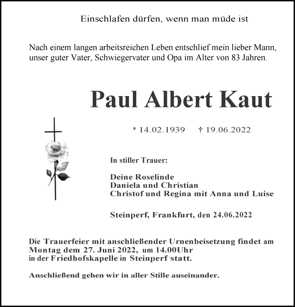  Traueranzeige für Paul Albert Kaut vom 24.06.2022 aus Hinterländer Anzeiger