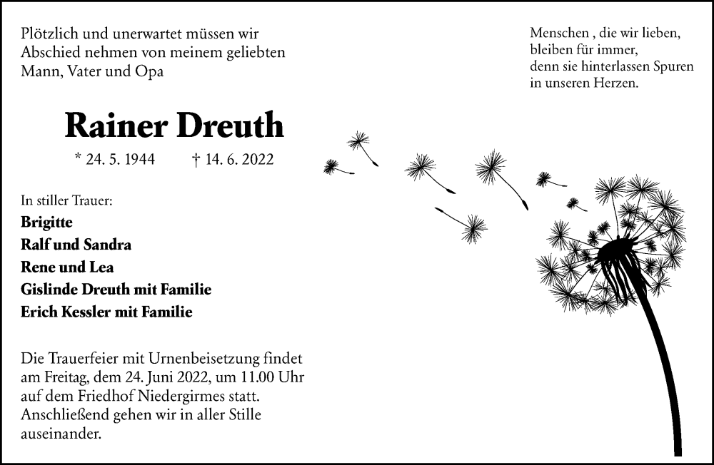  Traueranzeige für Rainer Dreuth vom 22.06.2022 aus Wetzlarer Neue Zeitung