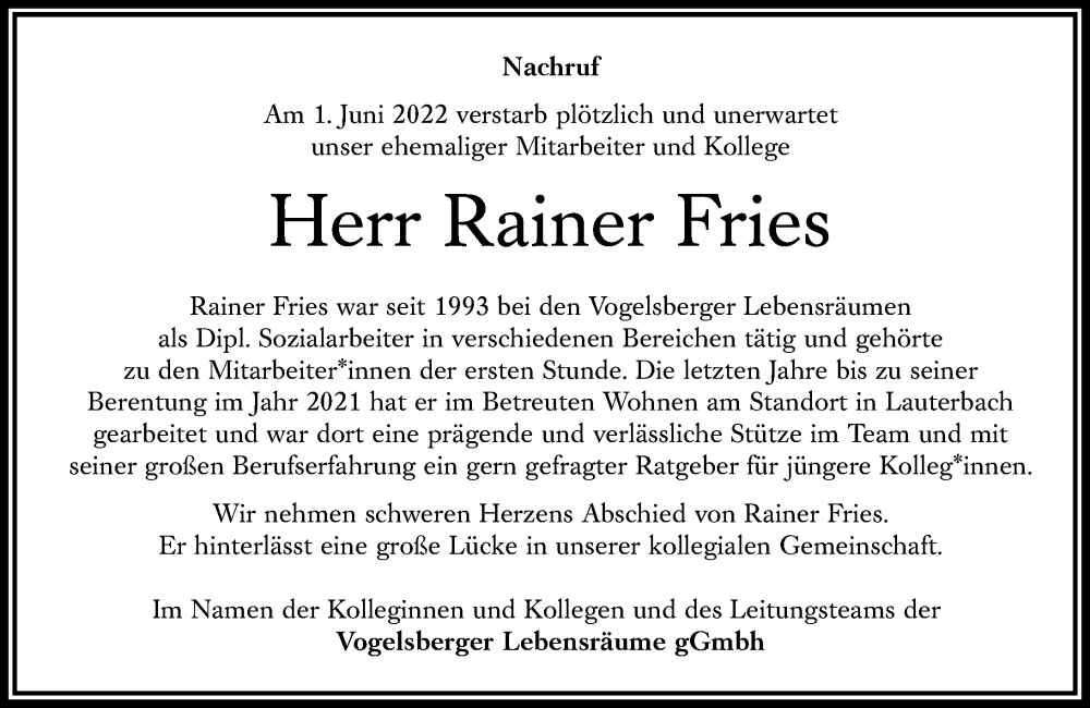  Traueranzeige für Rainer Fries vom 18.06.2022 aus Lauterbacher Anzeiger