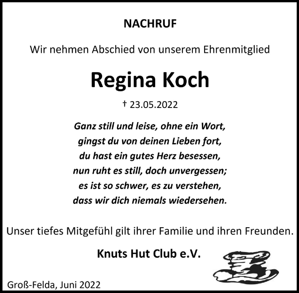  Traueranzeige für Regina Koch vom 18.06.2022 aus Oberhessische Zeitung