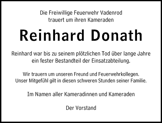 Traueranzeige von Reinhard Donath von Oberhessische Zeitung