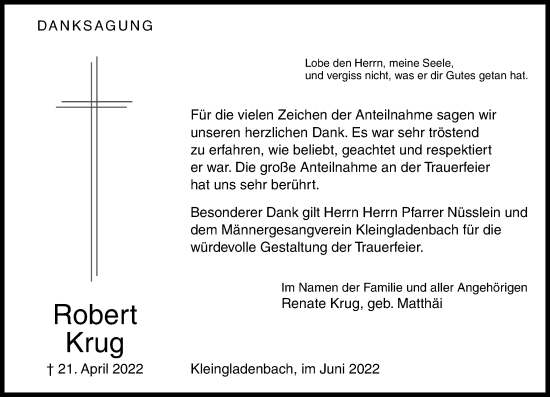 Traueranzeige von Robert Krug von Hinterländer Anzeiger