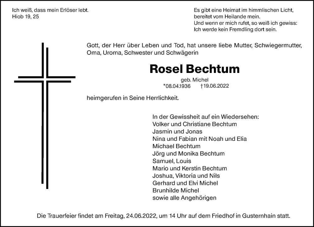  Traueranzeige für Rosel Bechtum vom 22.06.2022 aus Dill Block